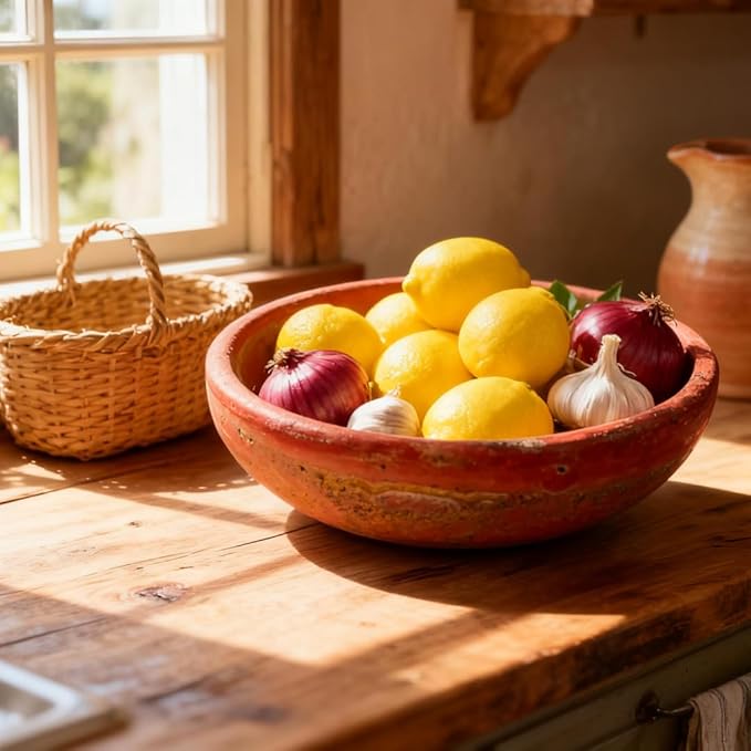 Red Travertine Bowl, 7.8" Natural Stone Centerpiece for Bohemian Entryway & Office Desk Home Decor, Handmade Decorative Key Fruit Bowl, Earth Tone Jewelry Dish, Vibrant Tabletop Art