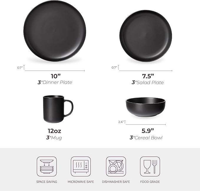 12-Piece Stoneware Dinnerware Set with Mugs | Microwave and Dishwasher Friendly | Stackable Matte Glaze Plates & Bowls | Service for 3 (Black for 3)