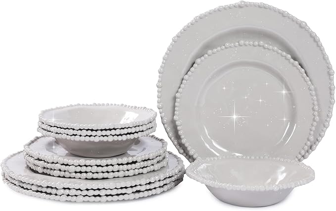 Grey Pearl 12-Piece Melamine Dinnerware Set - Unbreakable Plastic Plates & Bowls, Service for 4, Dishwasher Safe, Lightweight Shatterproof Tableware for Indoor/Outdoor Use