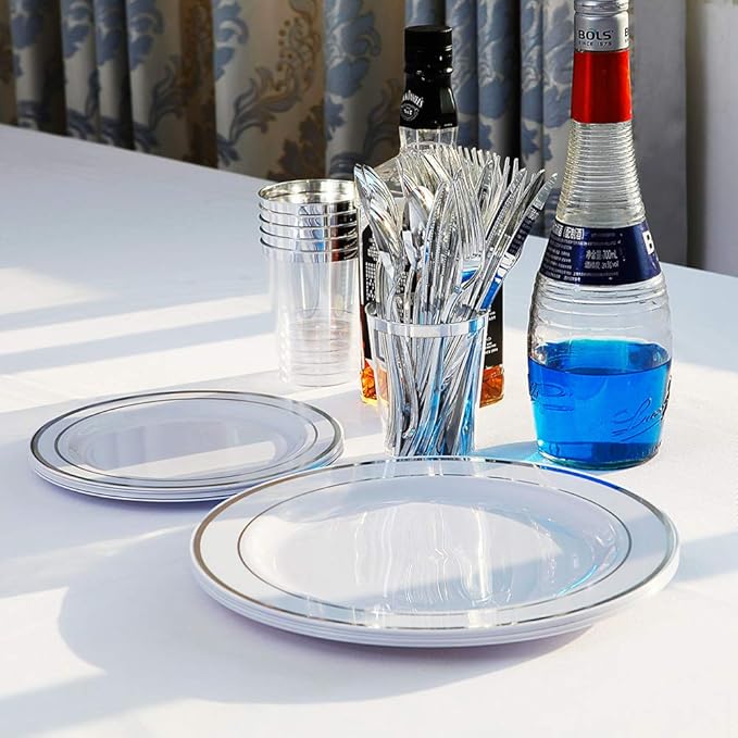 I00000 60pcs Silver Plastic Plates, Disposable Plastic Party Plates with White Silver Rim Heavy Duty Fancy Wedding Party Plates Include 30 Dinner Plates 10.25" and 30 Dessert Appetizer Plates 7.5"