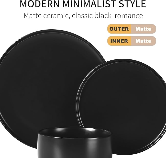 GZG Classic Series - Plates and Bowls Set for 4, 12 Piece Stoneware Dinnerware Sets, Microwave and Dishwasher Safe Lead-Free Handcrafted Ceramic Dishes Set - Matte Black
