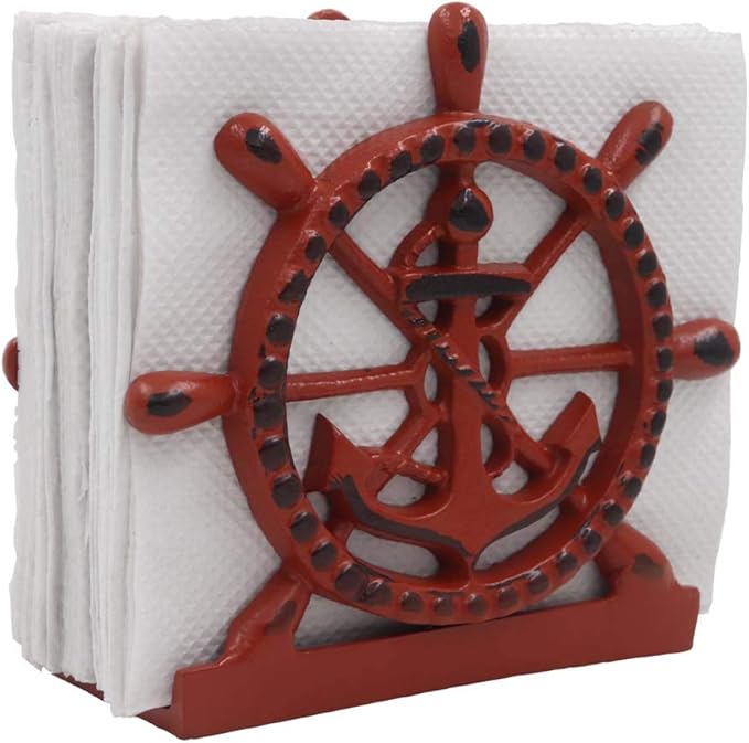 THDC Nautical Napkin Holder, Lunch, Dinner, Nautical Collection Napkin Holder, Made of Metal (Anchor Distressed Red)