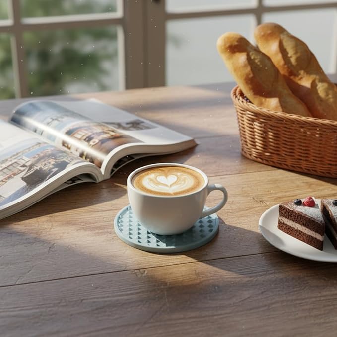 Set of 6 Silicone Coasters, 4'' Drink Coaster with Holder, Round Coasters for Drinks Beer Coffee Home Office Bar Desk Tabletop Protection, Non-Slip Rubber Coaster (Blue, 6 Pcs-Metal Holder)