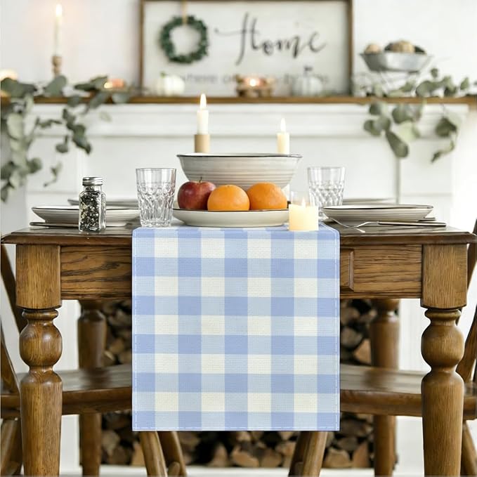 Light Blue and White Gingham Table Runner, Buffalo Plaid Check Table Cloth | - Image 3