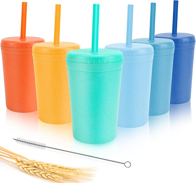 10 oz Wheat Straw Cups with Lids and Silicone Straws, Small Tumbler Straw Cups by Shopwithgreen
