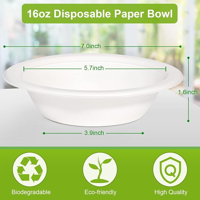 greensight Paper Bowls Disposable 16 oz, 200 Pack White Sugarcane | - Image 7