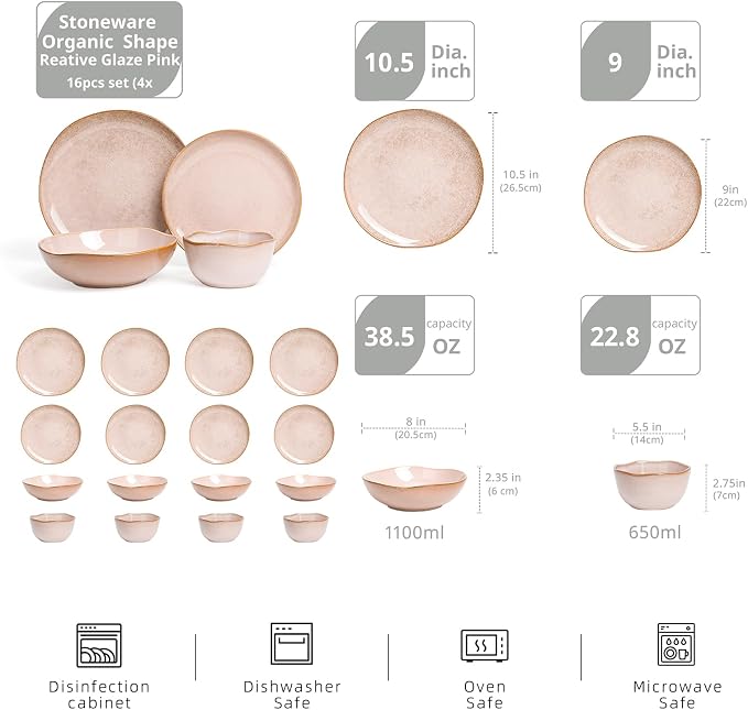Highland 16pc Dinnerware Set, Unique Organic Shape Double Bowl， Stoneware Plate - Image 2