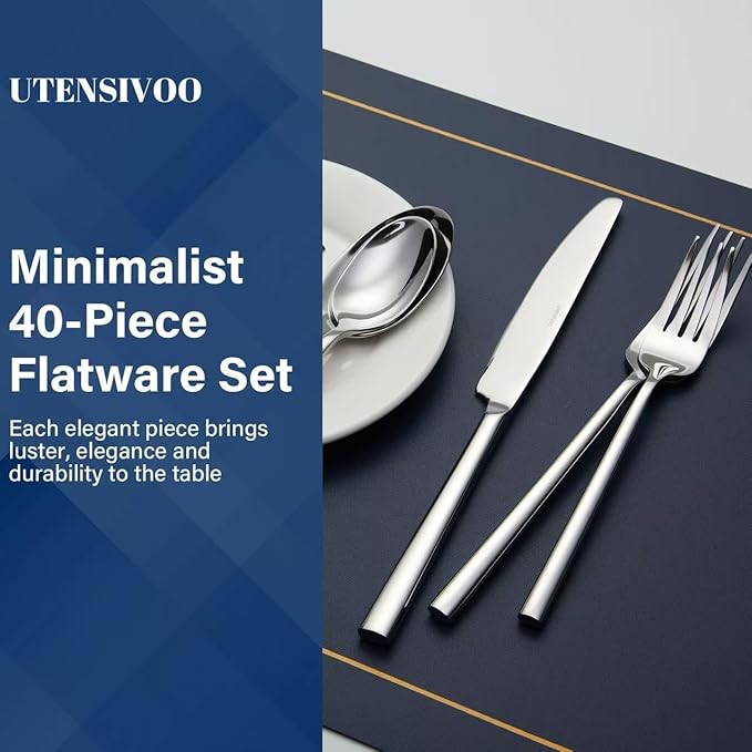 40-Piece Silverware Set for 8，Minimalist Flatware Set 18/10 Stainless Steel，Fine Cutlery Set with Forks, Knives, Spoons，Durable and Elegant Design Tableware，Dishwasher Safe