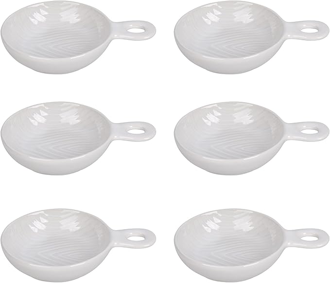 Temp-tations by Tara Set of 6 Serving Bowls, Woodland White - 4 Oz Skillet-Shaped Small Soy Sauce Dish for Prep, Salsa, Dessert, Snacks, Mini Ceramic Dishes, Sauce Cups, Charcuterie Boards Accessories