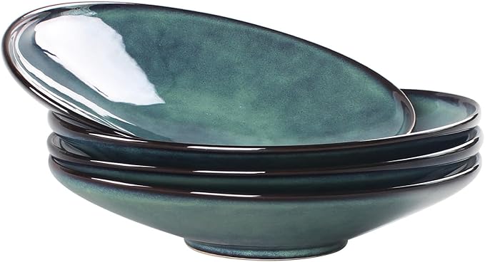 Ceramic Pasta Bowls, 28.2-ounce Pasta Dishes, Reactive Glaze Pasta Bowls, Set of 4, Large, Wide-Mouth Bowls for Salads, Desserts, and Fruit, Microwave-, Dishwasher-, and Oven-Safe.