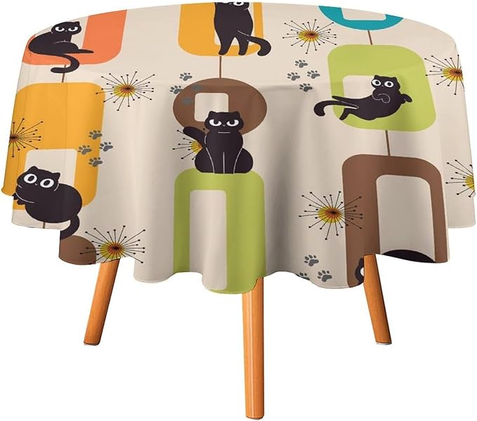 Bohemian Black Cat Round Tablecloth, Rustic Vintage Mid Century Geometric Tablecloth for Home Party Dining Room Kitchen Decor 36Inch(90cm)
