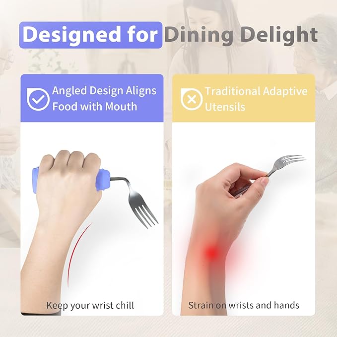 Adaptive Utensils Angled Knife and Fork for Hand Tremors Parkinsons,Weighted Utensils with Non-Slip Easy Grip Handles for Independent Eating (1pcs Bent Knife+1pcs Fork,Purple,Left Hand)