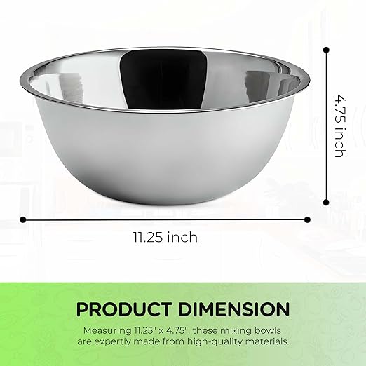 OCS Parts 5 Quart Mixing Bowls | Set of 4 | 11.25-Inch Stainless Steel Professional Grade Flat Base Mixing Bowls for Home and Commercial Kitchens | Dishwasher Safe