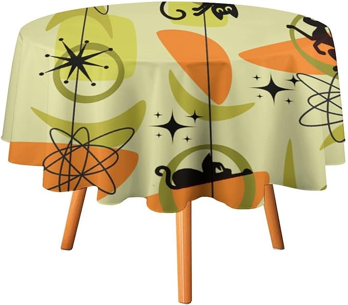 Mid Century Black Cat Round Tablecloth, Vintage Modern Bohemian Abstract Geometric Retro Art Tablecloth for Home Party Dining Room Kitchen Decor 70Inch(178cm)