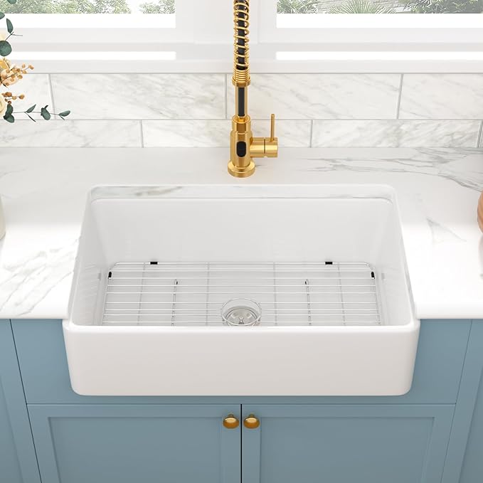 Sarlai White Farmhouse Kitchen Sink - 33x20 Inch Farmhouse Kitchen Sink Flat Apron Front White Ceramic Sinks Single Bowl Farm Farmer Sinks Porcelain Fireclay Basin