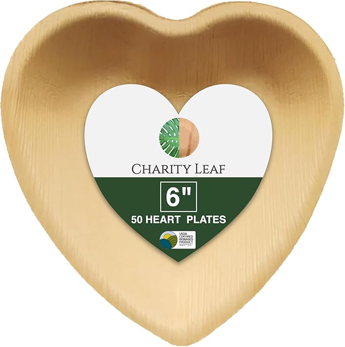 Charity Leaf Disposable Palm Leaf 6" Heart Plates (50 pieces) Bamboo Like Serving Platters, Disposable Boards, Eco-Friendly Dinnerware For Weddings, Catering, Events