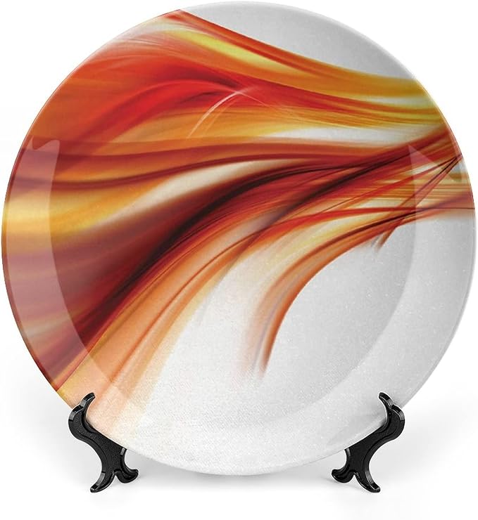 Ceramic Display Plate, Abstract Ceramic Hanging Decorative Plate, Modern Smooth Lines Blurred Smock Art, 6 Inch, Household Custom Ceramic Plate, Orange Red