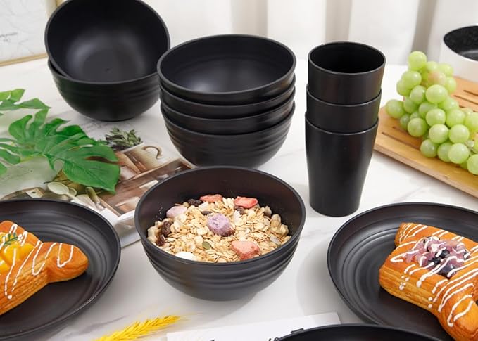 Supernal 32pcs Black Wheat Straw Dinnerware Sets with 25pcs Linen Napkins,Plates and Bowls Sets for 8,Black Plastic Dinnerware Sets, Microwave Dishwasher Safe Plates, Dishes Set for 8