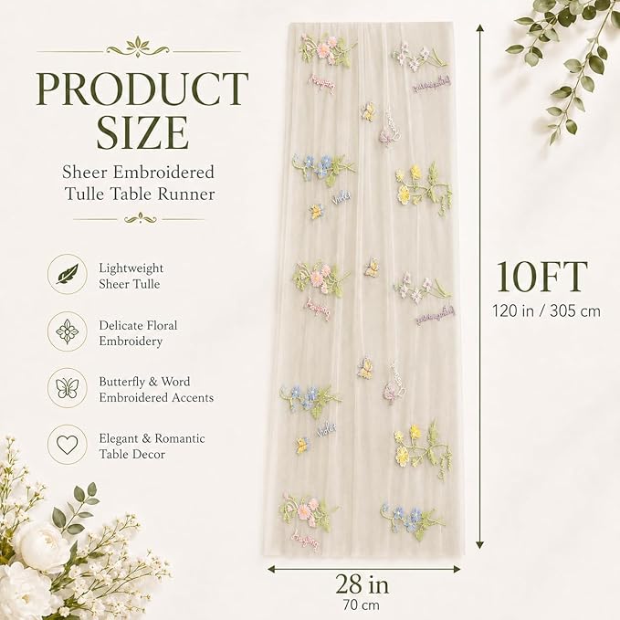 Wildflower Tulle Table Runner Butterfly Floral Wedding Party Home Decor | White - Image 3
