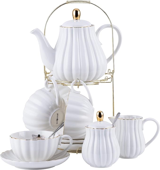 Jusalpha Porcelain Tea Set- 8 OZ Coffee/Teacup, Cup Holder, Serve of 4- by Jusalpha