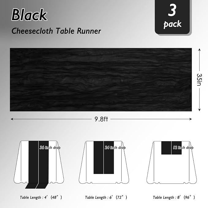1 Pack Black Cheesecloth Table Runner 120 Inch Boho Wedding Decor | Cheesecloth - Image 2