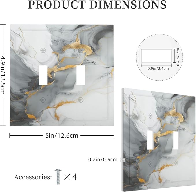 Decorative Light Switch Cover Gray/Gold Marble Abstract Modern Luxury 2 Gang Wall Plate Double Toggle Switch Plate Receptacle Electrical Outlet Cover Switchplate for Bathroom Bedroom（2 Pack）