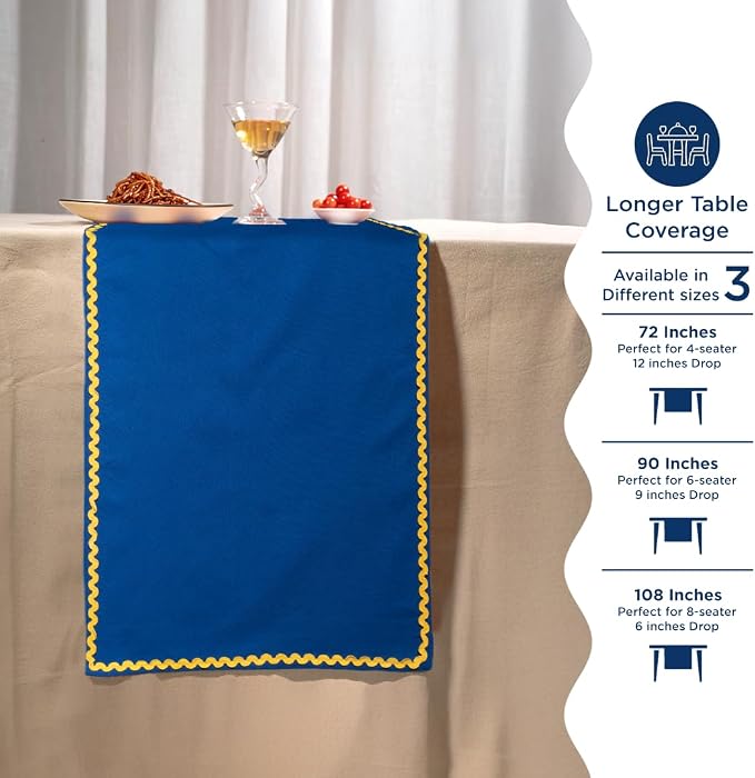 Folkulture Fall Table Runner 72 Inches Long | Blue & Yellow Rick Rack | Table - Image 5