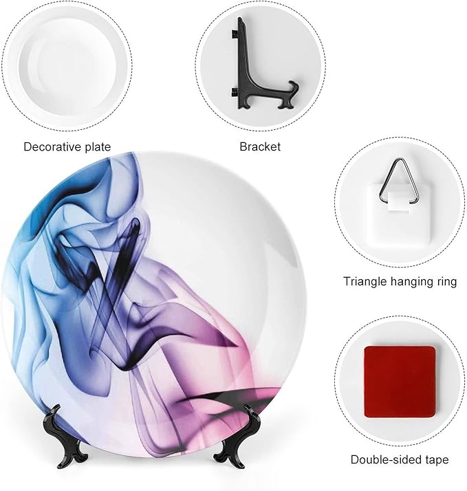 Ceramic Display Plate, Abstract Decor Ceramic Hanging Decorative Plate, Colorful Smoke Dynamic Flow Swirl Contemporary, 10 Inch, Living Room Kitchen Decoration Household, Fuchsia Blue