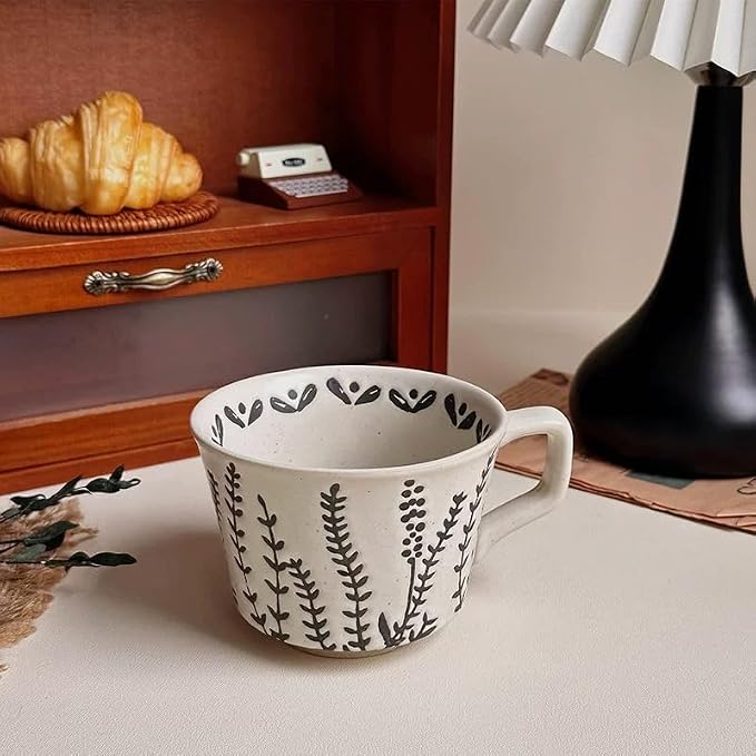 4 Pack 12oz Speckled Stoneware Coffee Mugs, Vintage Black Seaweed Botanical - Image 5