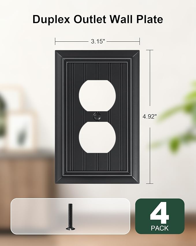 4-Pack Classic Beadboard Duplex Outlet Cover Plate, Decorative Matte Black Switch Plates and Outlet Covers, Natural Bamboo Fiber Wall Plates for Electrical Outlets, 1 Gang Receptacle Cover