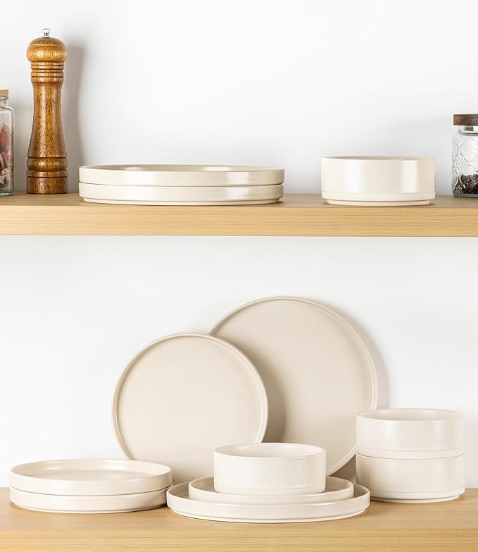 TheTerra Ceramic Dinnerware Sets for 8, 24 Pieces Handmade Reactive Glaze Plates and Bowls Set, Scratch Resistant Dish Set, Oven & Microwave & Dishwasher Safe, Matte White