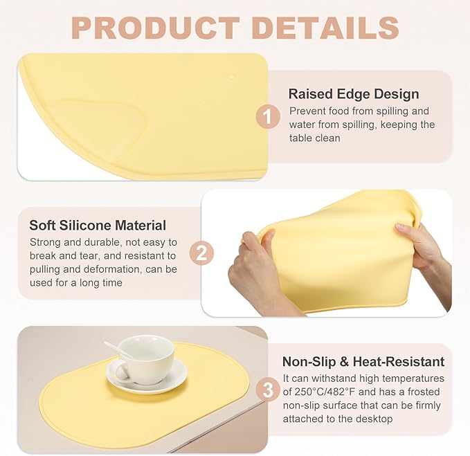 uxcell 4 Pcs Oval Silicone Placemat, 15.4" x 10.4" Non-Slip Washable Table Placemats Heat Resistant Waterproof Mat with High Edge for Table Kitchen Desk Protection, Yellow