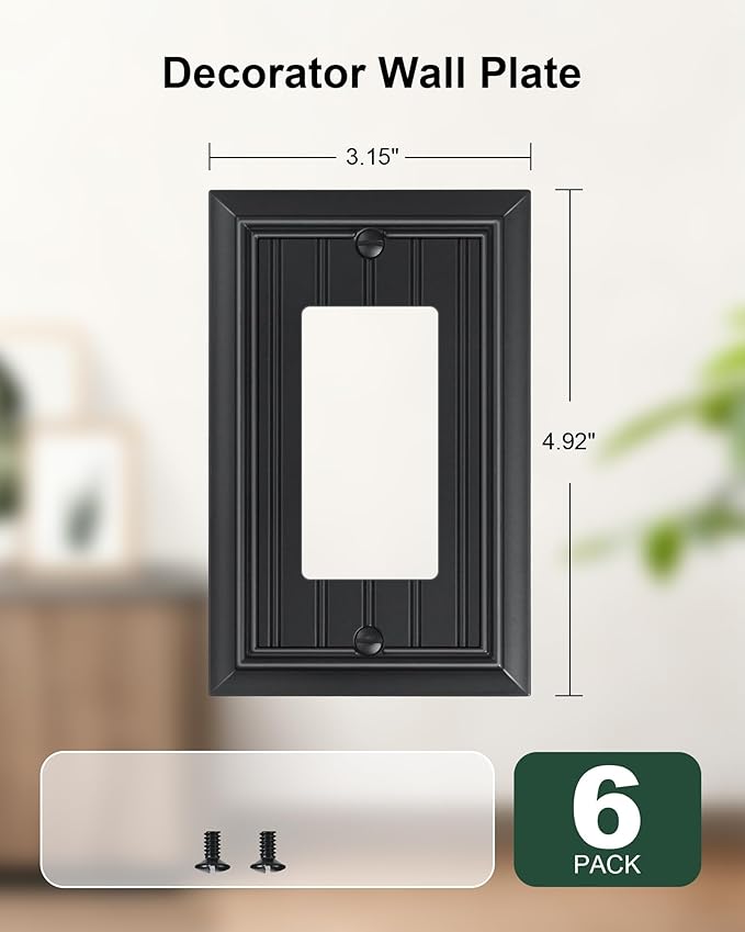 6-Pack Classic Beadboard Decorator Wall Plate Cover, Black Decorative Switch Plates and Outlet Covers, Durable Natural Bamboo Fiber Wall Plates for Electrical Outlets, Receptacle, GFCI Outlet