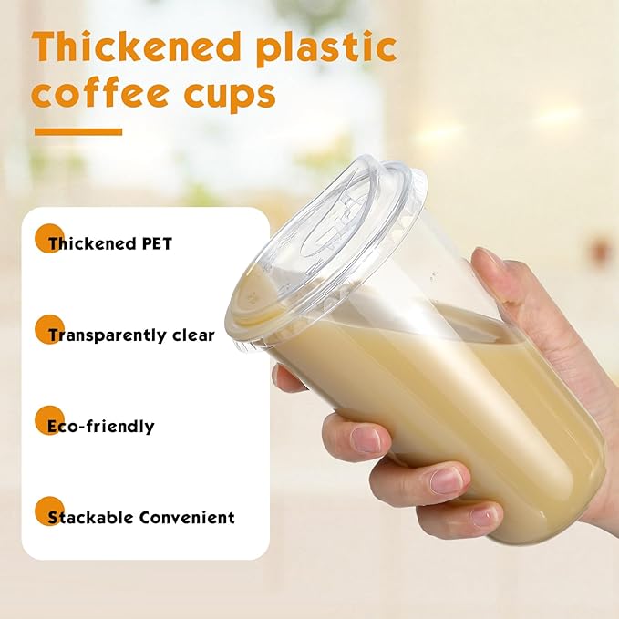50 Sets Clear Plastic Cups with Strawless Sip Lids, Thickened Clear Disposable Plastic PET Crystal Cups for Iced Coffee, Smoothie, Cold Beverage, Drink Shops and Party Catering (18 oz)