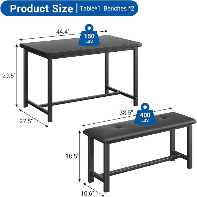 Garvee Dining Table with 2 Benches, Kitchen Table with 2 Upholstered Benches, 3 Piece Dining Table Set Space Saving for Apartment, Kitchen, 44.48" l x 27.58" w x 29.58" h, Black