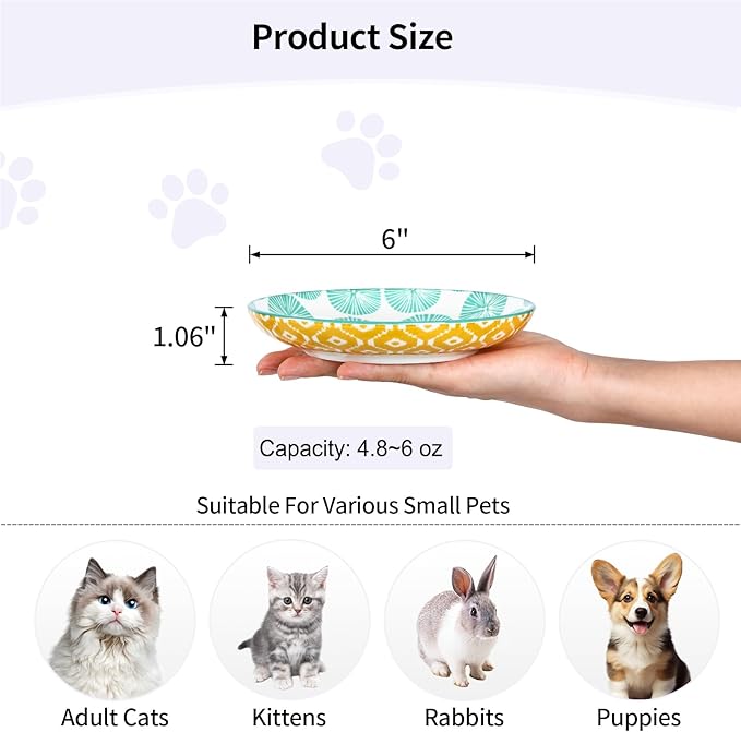 Selamica Ceramic Cat Bowls, 6 Inch Wide Shallow Cat Food Bowl for Relief Whisker Fatigue, Set of 4, Assorted Colors