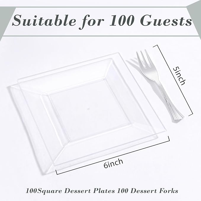 supernal 200pcs Clear Dessert Plates with Silver Dessert Fork, Clear Square Plates, Appetizer Plates,Silver Plastic Silverware, Perfect Choice for Wedding and Party