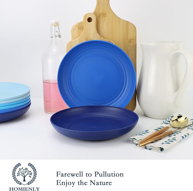 Homienly Salad Plates 10 Inch Unbreakable Wheat Straw Plates Dinner Plates Set of 8 Microwave Safe Plates for Kitchen Dishwasher Safe Plastic Plates Alternative for Picnic,Camping,RV (Blue Series)