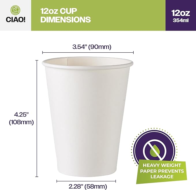 CIAO! 12oz White Paper Hot Cup, Disposable, 80mm Diameter 500 Count