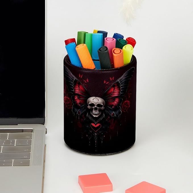 Leather Pen Holder for Desk, Skull Butterfly Pencil Cup Pen Organizer Makeup - Image 5