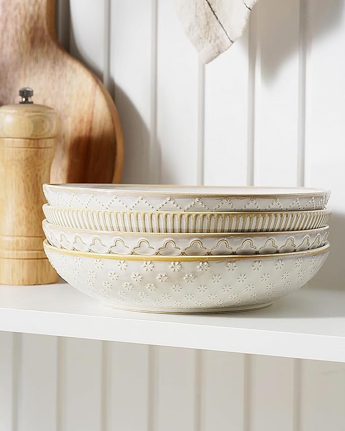 getstar Pasta Bowls, Large Salad Serving Bowls (7.6 inch & 22 oz), Ceramic Bowl Plates Set of 4, Farmhouse Embossments, Microwave and Dishwasher Safe