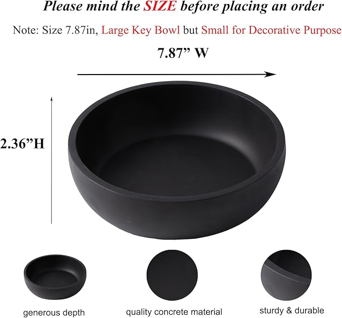Aotea Crafts - 7.9" Concrete Key Bowl for Entryway Table Decor - Modern Industrial & Minimalist Decorative Key Holder Bowl for Keys- Charcoal Black- Smooth Texture - Sealed & Durable