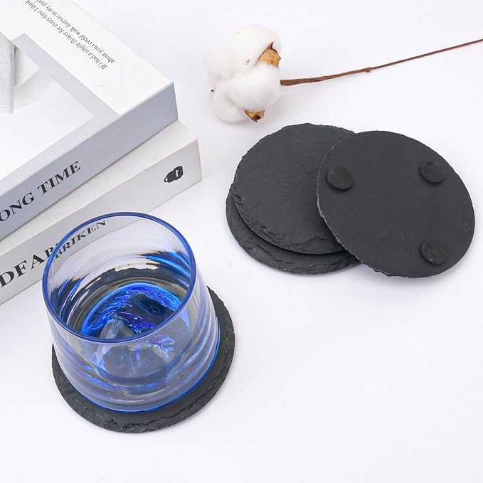 20 Pack 4 Inch Round Slate Coasters, Black Stone Coasters with Anti-Scratch Bottom, Ideal for Home Decor, Bar, Housewarming Gifts, and Laser Engraving KUKLIPJIM