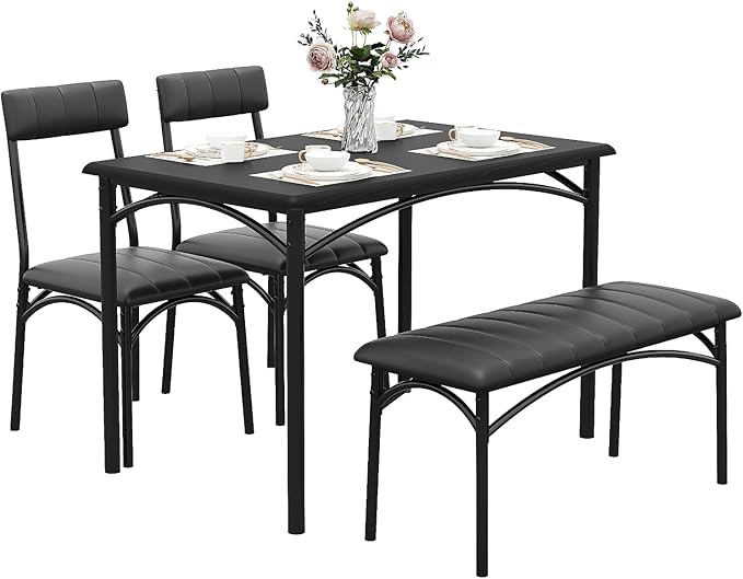 Dining Table Set for 4, Rectangular Kitchen Table and Chairs Set of 4 for Small Spaces, Modern Dining Room Table Set with Upholstered Bench and 2 Chairs, Space Saving Dining Furniture for Apartments