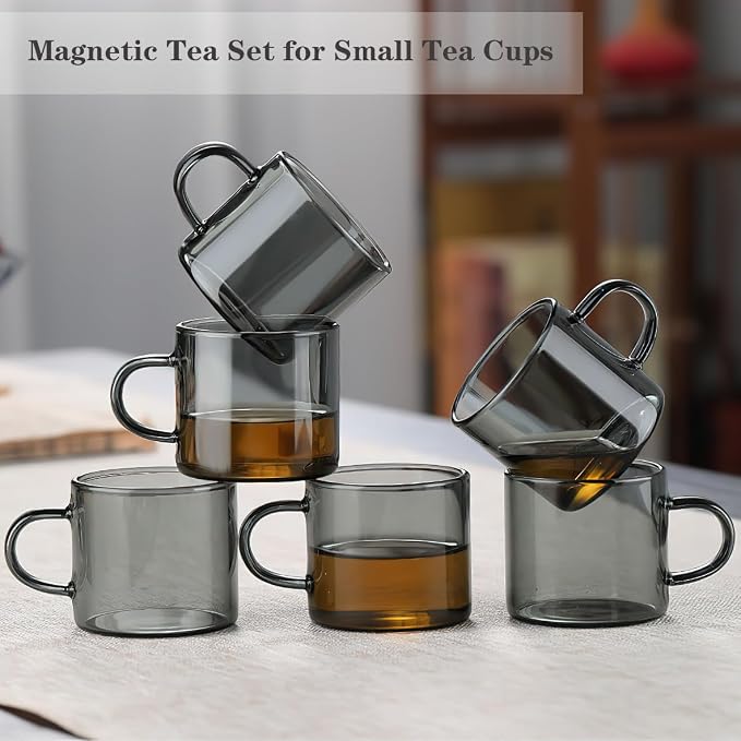 Kung Fu 6 Pcs Small Glass Tea Cup + Holder Set in Smoky Gray, Bamboo Wood - Image 6