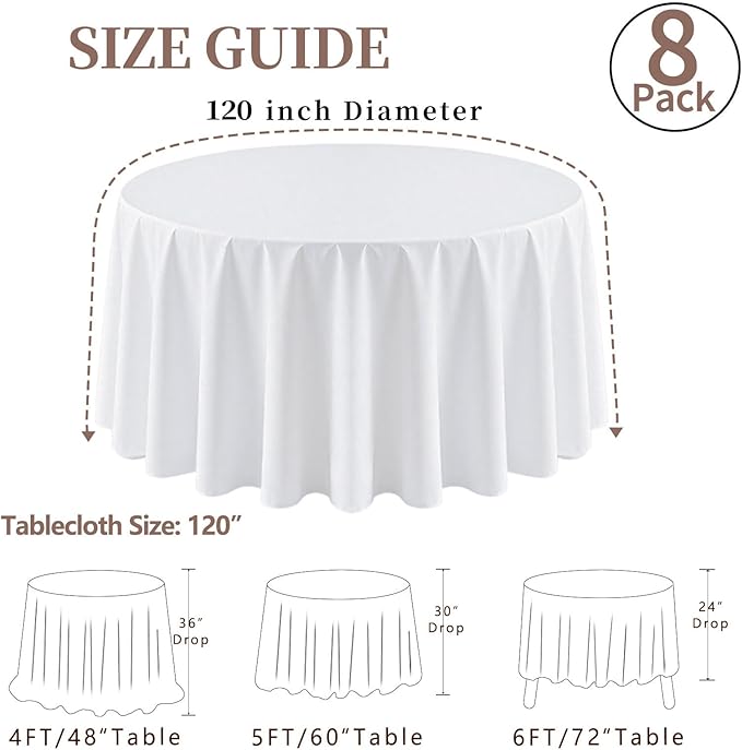8 Pack Round Tablecloth 120 Inch Cloth White Tablecloth for Round Tables, Washable Polyester Table Cloth Stain and Wrinkle Resistant Decorative Table Cover for Wedding Party Dining Banquet