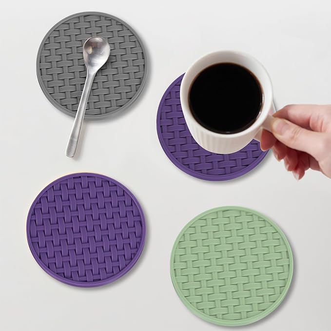 Purple Silicone Coasters with Holder, 4 Inches Non-Slip Decorative Cup Mats for Drinks, Heat Resistant & Waterproof Round Coaster Set of 6 for Home, Office, Kitchen, Bar Table