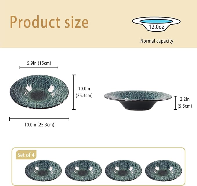 Ceramic Pasta Bowls, 12 oz Pasta Plates, Reactive Glaze Pasta Bowl Set of 4, Large Wide Serving Bowls for Salad, Dessert, Fruit, Microwave & Dishwasher, Oven Safe