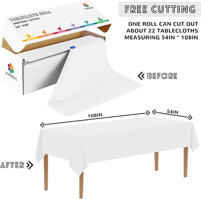 54 Inch X 200 Feet Plastic Table Cover Roll with Convenient Slide Cutter, Disposable Plastic Table Cloth Roll with Cut-to-Size Design for Weddings, Banquets, Parties (White)