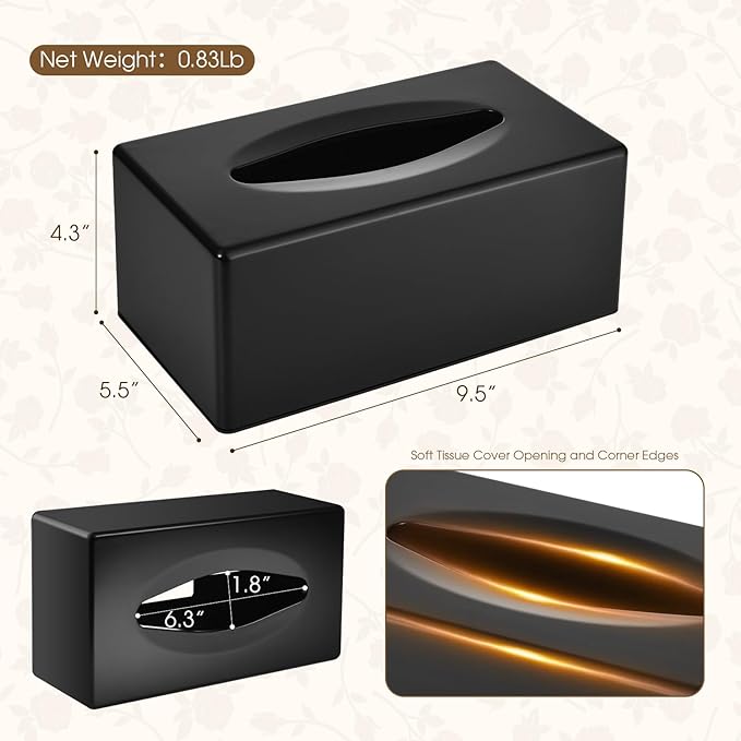 Tissue Box Cover, Rectangular Facial Tissue Holder with Bottom, Decorative Storage Organizer Box for Bathroom Vanity, Countertops, Dressers, Night Stand, Parlors and Offices - Black